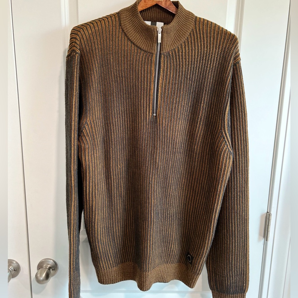 Men’s 1/4 Zip Sweater Mock Neck Ribbed 
 Brown Preppy Classic